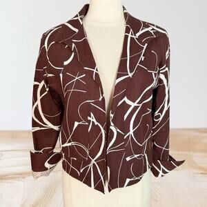 Transitions Linen Short Blazer Jacket Art to Wear Brown White Print Sz M Womens